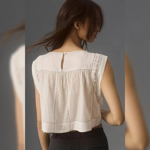 Anthropologie Cap-Sleeve Babydoll Blouse S 6 Sheer White Cotton Crop Top 44630 - Picture 2 of 5